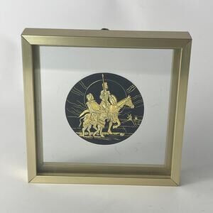 Vintage Damascene 24k Don Quixote Clear Glass Art Spain 4 3/4” Square